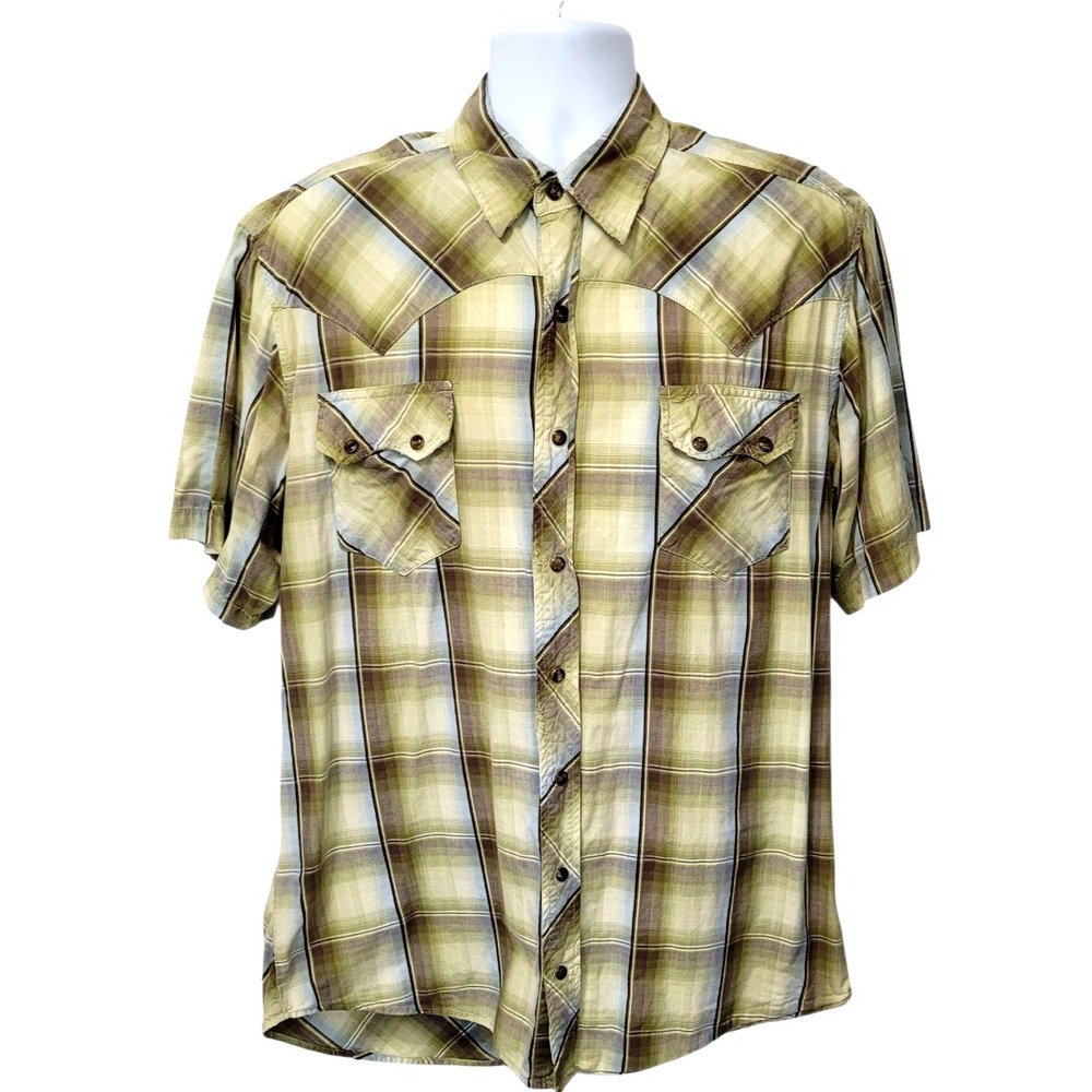 Tin Haul Short Sleeve Pearl Snap Button Western Shirt Green Plaid Men's XL